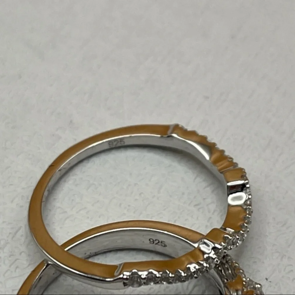 925 Sterling Silver‎ Diamond Sapphire 2 Band Wedding Bridal Engagement Ri…